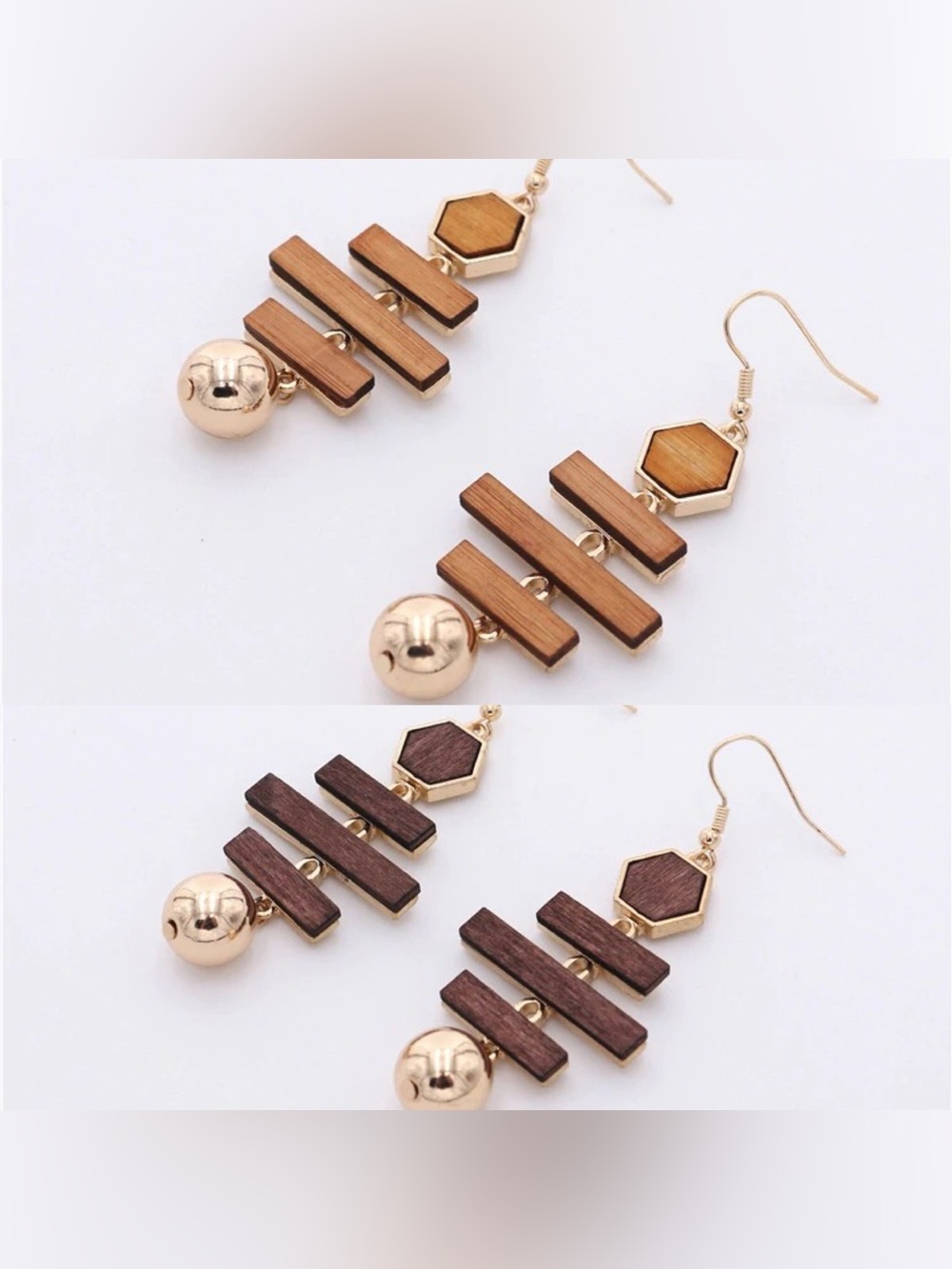 Gold and Wood Geometric Drop Earrings - Women Jewelry